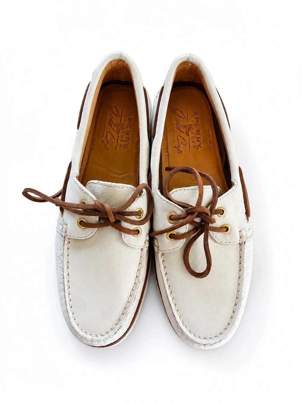 Sperry Men’s White Leather Boat Shoes with Brown Laces